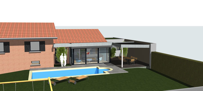 Extension, réaménagement partiel et création d'une terrasse couverte au bord de la piscine.