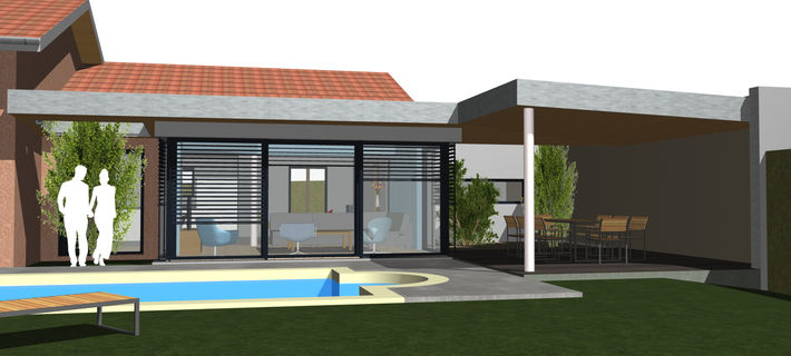 Extension, réaménagement partiel et création d'une terrasse couverte au bord de la piscine.