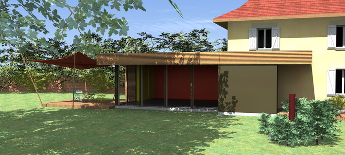 Extension bois/verre/tioture terrasse d'une maison en pisé