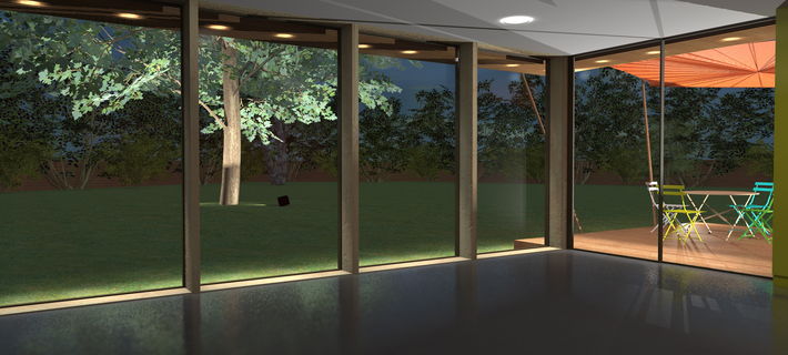 Extension bois/verre/tioture terrasse d'une maison en pisé