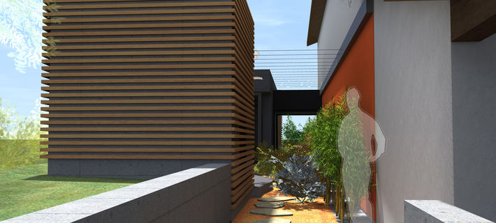 Extension en ossature bois et verre ouvert sur un jardin privatif patio