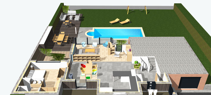 Extension, réaménagement partiel et création d'une terrasse couverte au bord de la piscine.