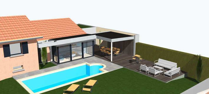 Extension, réaménagement partiel et création d'une terrasse couverte au bord de la piscine.